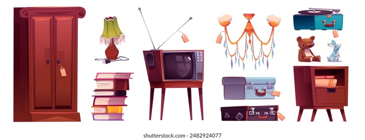 Antique store goods with price tags. Cartoon vector vintage furniture and household equipment for garage sale or flea fair. Old used cupboard and cabinet, tv and lamp, books and vinyl record player.