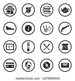 Iconos de la tienda de antigüedades. Diseño Plano Negro En Círculo. Ilustración vectorial.