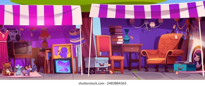 Antique store on street sidewalk with canopy and used vintage goods. Old retro furniture and equipment with price tags in flea fair or garage sale marketplace. Cartoon vector city outdoor bazaar.