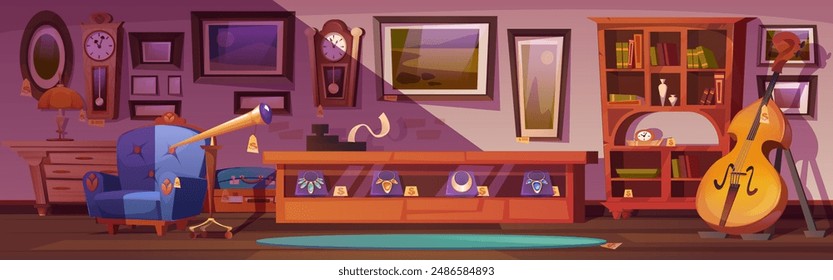 Antique store or pawn shop interior with vintage used rarity furniture and elements - cartoon wall clock and armchair, showcase with jewelry and cash desk, telescope and contrabass, cabinet with books