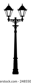 Antique street light with double lamp silhouette on transparent background