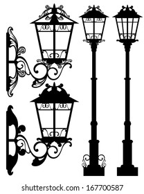 Antique street light silhouettes and detailed black and white vector outlines