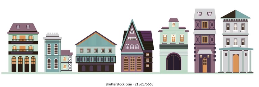 Antique street in old town part. Houses and buildings, architecture of city. Homes and constructions with architectural sights and attractions. Traveling and tourism rest. Vector in flat style 