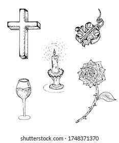 Die Sammlung von antiken Sachen. Gravur doodle Satz Kerze mit einem Glas Wein, Kreuz, Rose und eine Halskette. Handgezeichnete gotische Gegenstände mit Holzschnitt, Vektorkunst.