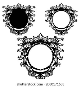 antique style calligraphic floral ornament forming round copy space blank frame -  black and white vintage vector circle decorative design set