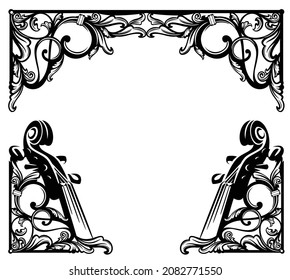 antique style calligraphic floral ornament forming copy space frame for classical music design -  black and white vintage vector decorative background with page border and corners decorated with violi