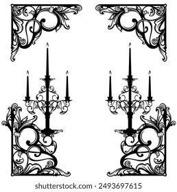 antique style calligraphic floral ornament with candles forming copy space frame -  black and white vector decorative background design with candlesticks, page border and corners