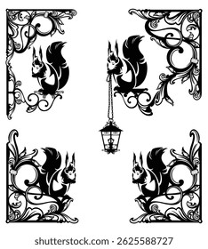antique style calligraphic floral ornament forming copy space frame with fairy tale squirrels holding lamps -  black and white hand drawn vector decorative background design with page border corners