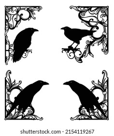 antique style calligraphic ornament forming copy space frame with raven birds -  black and white vector decorative background design with page border and corners for witchcraft and sorcery concept