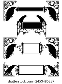 antique style calligraphic ornament forming copy space frame with raven birds holding blank signs -  black and white handdrawn vector decorative design for witchcraft and sorcery concept