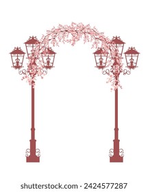 antique style city street lights and floral arch - lampposts and sakura blossom branches forming decorative blooming flower passage vector design