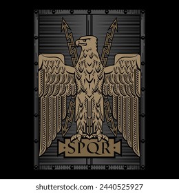 Antique style design. Roman Eagle on the background of a battle shield, isolated on black, vector illustration