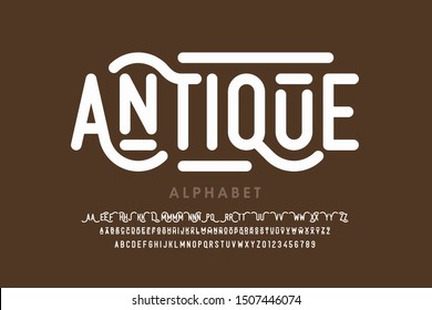 Antique style font, alphabet letters, alternates and numbers, vector illustration