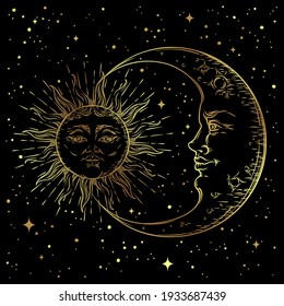 Antique style hand drawn art golden sun, crescent moon and stars over black sky. Boho chic tattoo design vector illustration