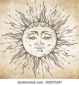Antique style hand drawn art sun. Boho chic tattoo design vector illustration