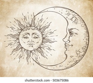 Antique style hand drawn art sun and crescent moon. Boho chic tattoo design vector illustration