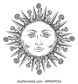 Antique style hand drawn art sun. Boho chic flash tattoo design vector illustration