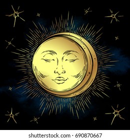 Antique style hand drawn art golden sun, crescent moon and stars over blue black sky. Boho chic tattoo design vector illustration