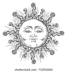 Antique style hand drawn art sun. Boho chic tattoo design vector illustration