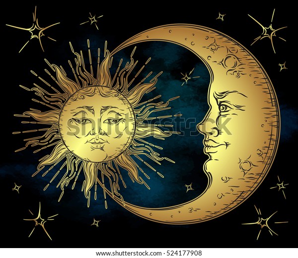 青い黒い空に古風な手描きのアート 金色の太陽 三日月 星 ボホチックな刺青のデザインベクターイラスト のベクター画像素材 ロイヤリティフリー