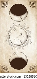 Antique style hand drawn line art and dot work moon phases. Boho chic poster, fabric, altar veil or tapestry design vector illustration