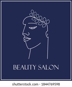 Logo de estilo antiguo con corona de hombre y laurel. Ilustración vectorial con la imagen del perfil de un griego antiguo en una corona de laurel para un salón de belleza, peluquería, atención facial