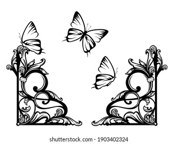 antique style page corner decor element with plant leaves and butterflies - black and white vector outline graphic set