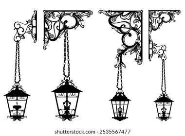 antique style page decoration corner with luxurious hanging street lamps -  black and white vector decorative design collection