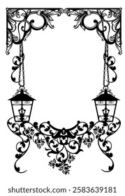 antique style page decoration frame with luxurious hanging street lamps and rose flowers -  black and white vector design for garden ceremony invitation