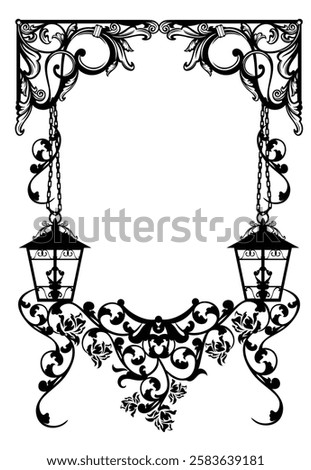 antique style page decoration frame with luxurious hanging street lamps and rose flowers -  black and white vector design for garden ceremony invitation