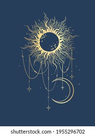 Antique style sun and crescent moon. Boho chic tattoo design vector illustration