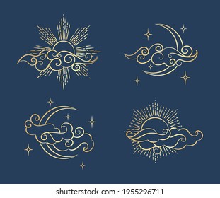 Antique style sun and crescent moon. Boho chic tattoo design vector illustration