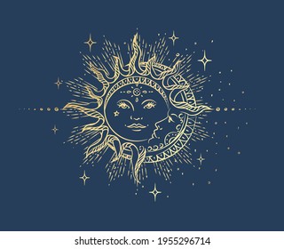 Antique style sun   crescent moon  Boho chic tattoo design vector illustration