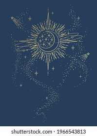 Antique style sun and crescent moon. Boho chic tattoo design vector illustration