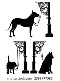 antique style wrought iron post to tie the pet - dog parking lot luxurious black and white vector silhouette design set