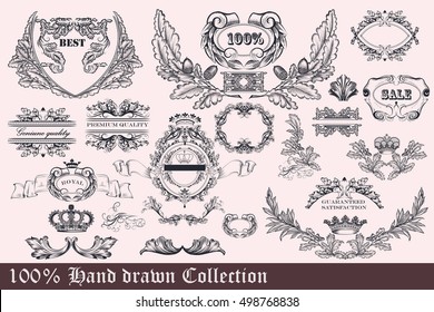Antique styled collection of wreath, frames and ornaments for design. Hand drawn set