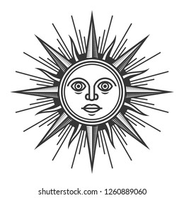 Antique Sun Face Icon on White Background. Vector