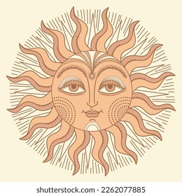 Antike Sonne mit Gesicht. Vektorfarben, handgezeichnete Vintage-Illustration mit Design-Elementen für den Druck.
