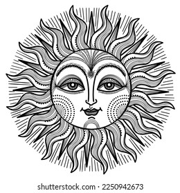 Antique sun with face. Vector sun hand drawn vintage illustration on white background with design elements for print , coloring book or tattoo
