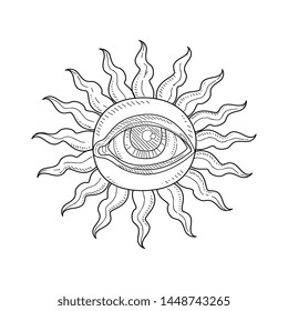 Antique Sun with Providence Eye, Esoteric Occult Symbol Monochrome Hand Drawn Vector Illustration