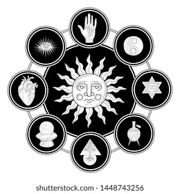 Antique Sun Surrounded by Esoteric, Philosophic, Occult, Mystical Symbols Monochrome Hand Drawn Vector Illustration