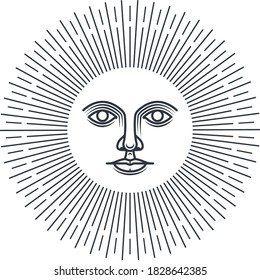 Antique Sun Symbol With Face. Eclectic Heraldic Emblem. Sun Of May. Inca God Inti. Face Of Sunshine. 