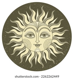Antikes Sonnensymbol mit Gesicht. Vectorvintage, handgezeichnete Illustration mit Designelementen für Druck oder Design einzeln auf Weiß.