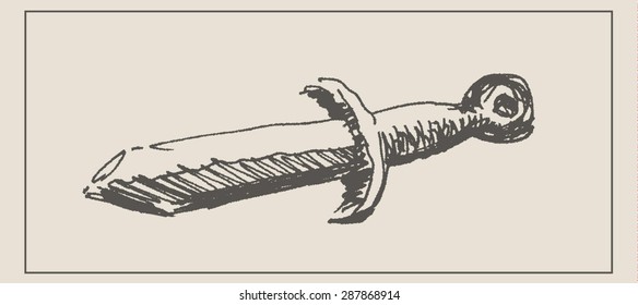 Antique sword, in engraving etching sketch hand drawing style, for history and  military design