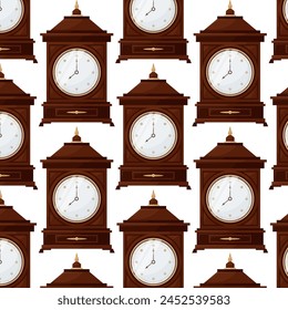 Antique table clock in flat style. Wooden clock. Pattern for textile, wrapping paper, background. 