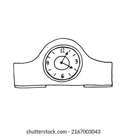 Antique table clock with a round dial and hands. Doodle. Hand drawn Vector illustration. Outline.