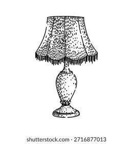 Lámpara de mesa antigua con soporte ornamentado y pantalla con flecos, creando un dibujo de decoración del hogar vintage, adecuado para Elementos de diseño interiores y retro clásicos