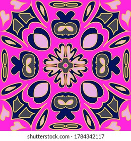 Antique talavera tiles patchwork. Arabic ornament with fantastic flowers and leaves. Seamless striped pattern in Aztec style. For print, web, textile