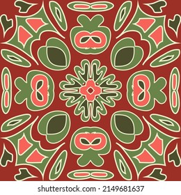 Antique talavera tiles patchwork. Arabic ornament with fantastic flowers and leaves. Graphic style with rhombus, triangles and circles. Figure tribal embroidery.