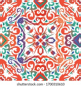 Baldosas de talavera antigua. El diseño del cuarto de baño. Acuarela de patrón transparente vectorial. Decoración decorativa mexicana roja para bolsas, estuches para smartphones, camisetas, ropa de cama o rayado.